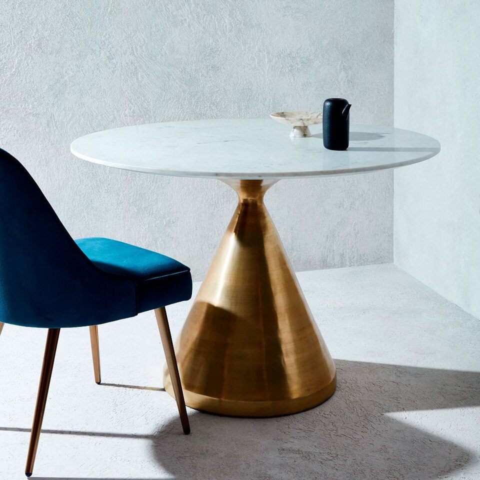 Silhouette Pedestal Round Dining Table White Marble/Antique Brass